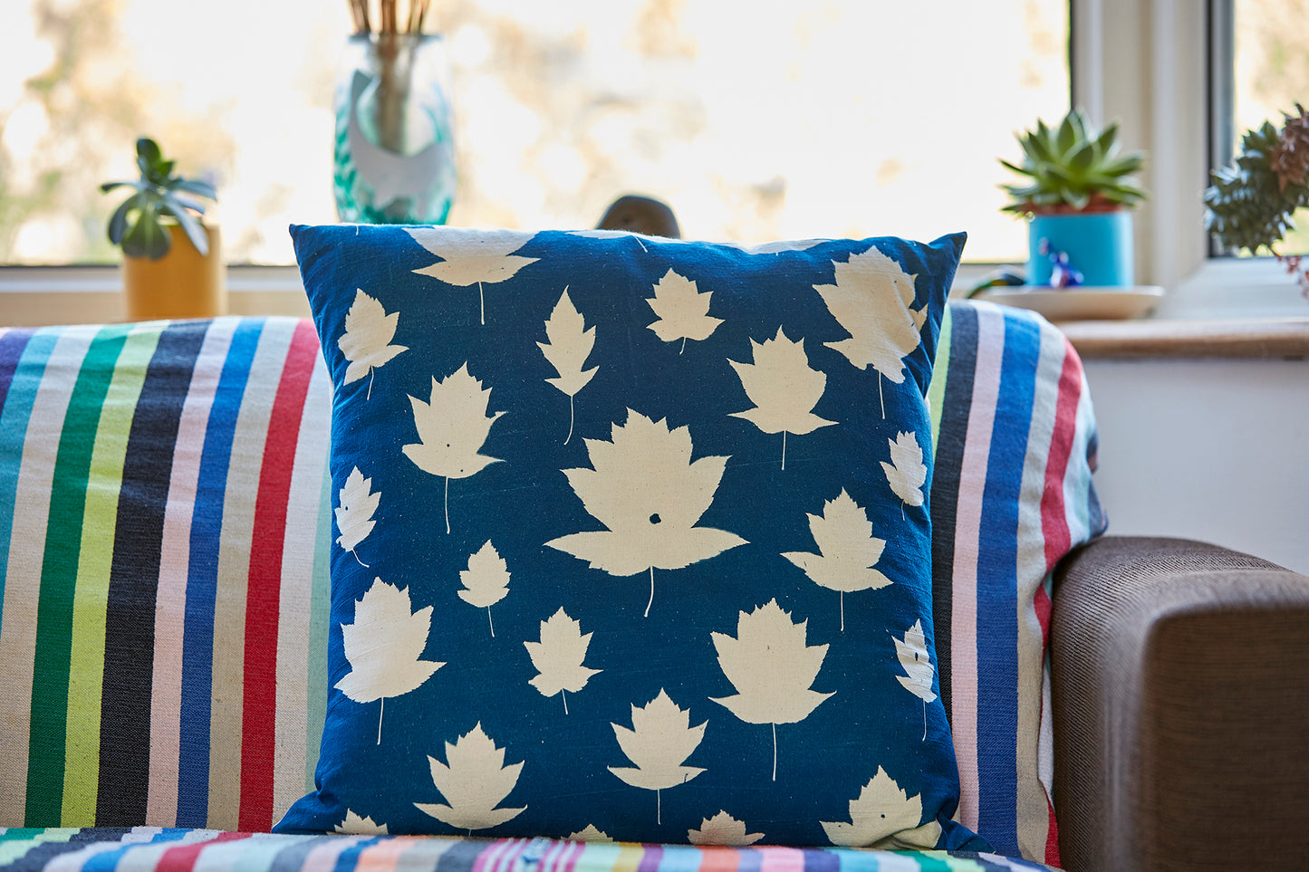 Wild Service Tree Leaf Cyanotype Cushion - Ed Watts Studio