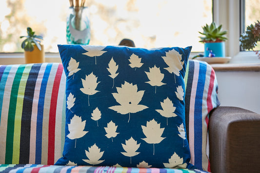 Wild Service Tree Leaf Cyanotype Cushion - Ed Watts Studio
